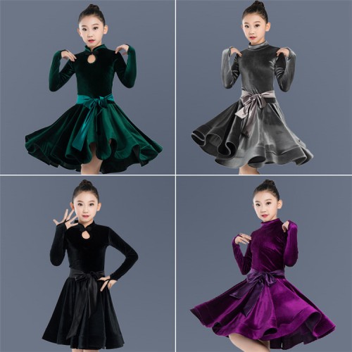 Girls velvet latin dance dresses dark green black purple school competition stage performance ballroom salsa rumba dance dresses